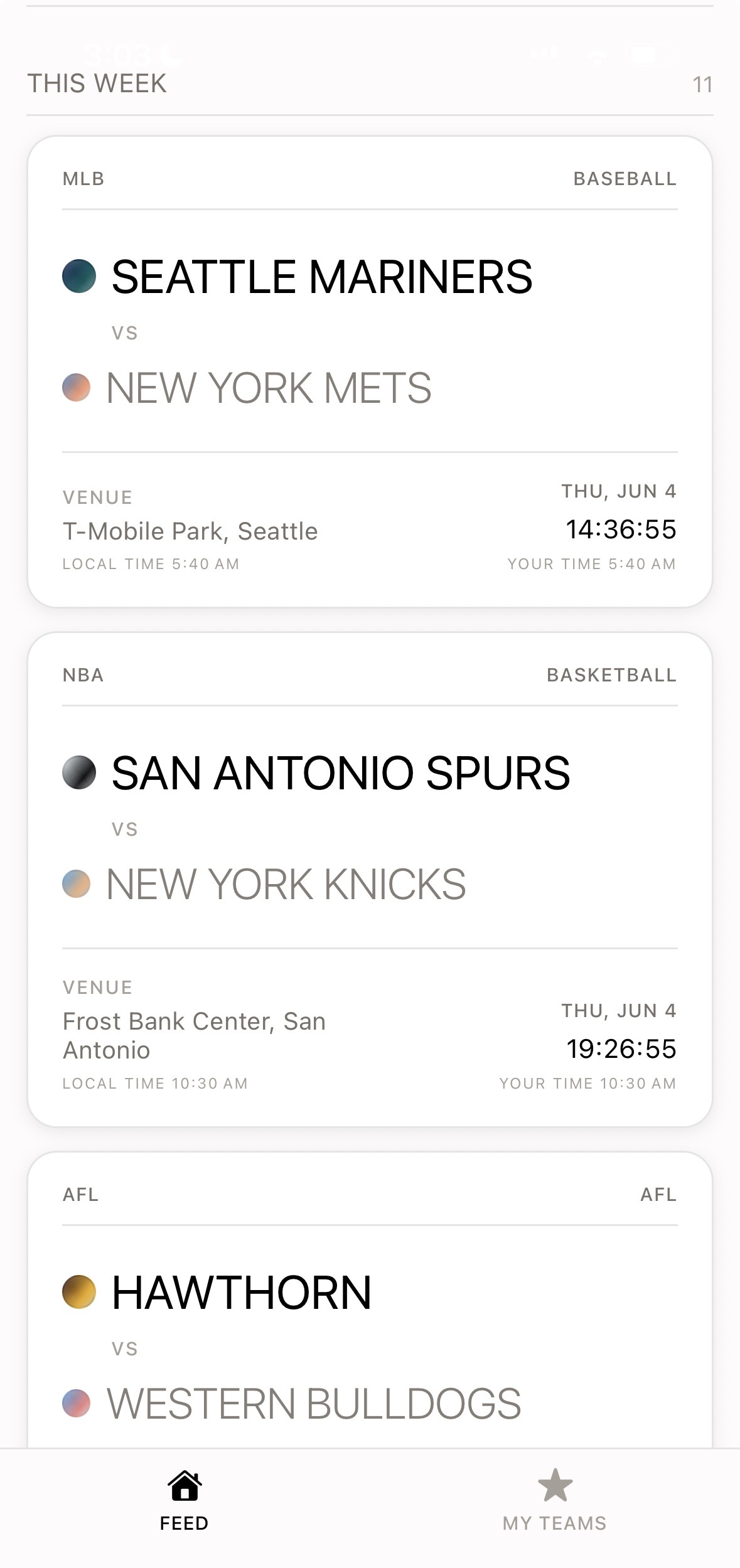 Countdown app showing upcoming matches